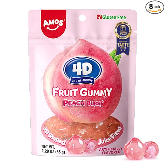 Amos 4D Fruit Gummy Juicy Burst Peach Rosa 2.29 Oz