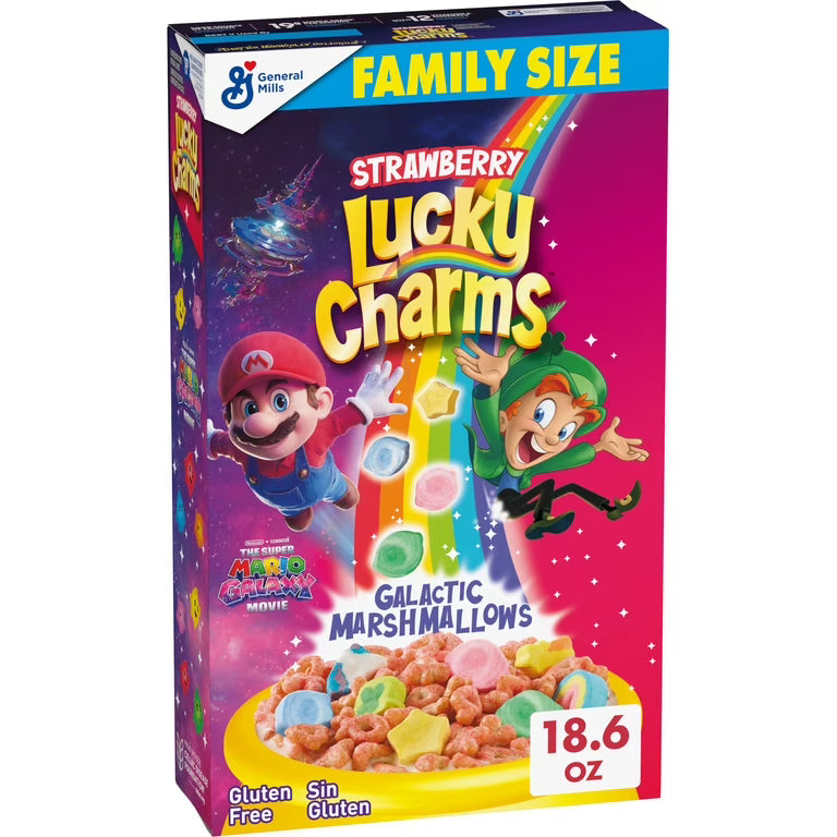 General Mills Lucky Charm Strawberry The Super Mario Galaxy Movie Family Size 18.6 oz