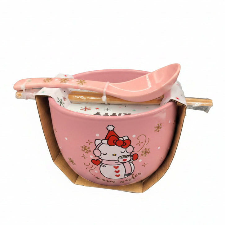 Hello Kitty Ceramic Bowl With Chopsticks And Spoon Warm Wishes 20 Oz
