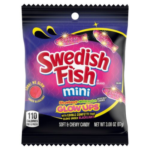 Swedish Fish Mini Strawberry Watermelon Glow Ups Soft & Chewy Candy 3.08 Oz