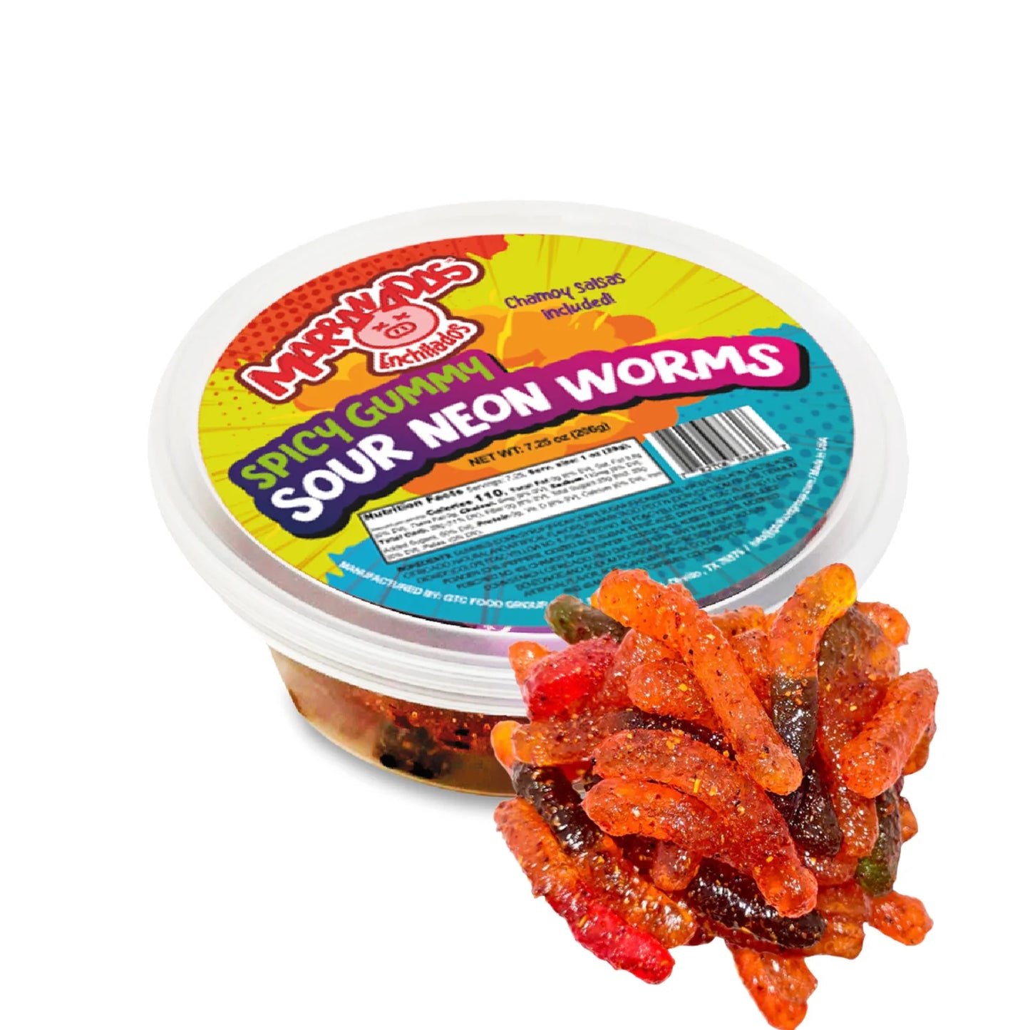 Marranadas Enchilados Spicy Gummy Sour Neon Worms Chamoy Salsas Included 7.5 Oz.