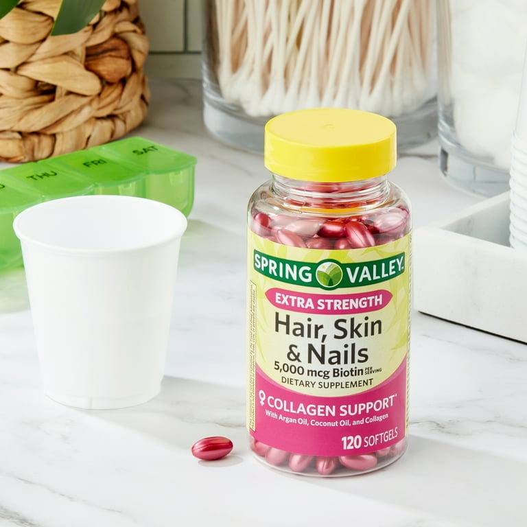 Spring Valley Extra Strength Hair, Skin & Nails 5000 mcg Biotin Collagen Support 120 softgels